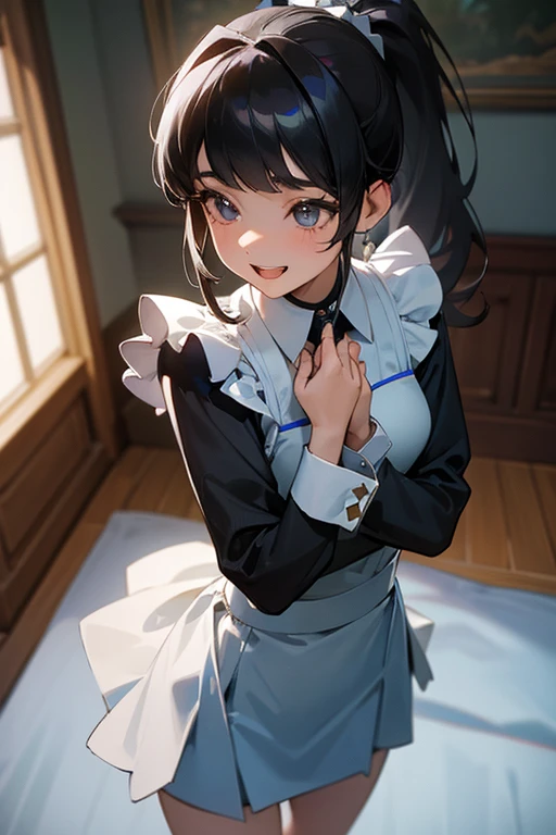 (Highest Resolution, clear_image) Highest quality, single, One Woman, alone, masterpiece, Very detailed, Semi-realistic, Black Hairのショートヘア, Black Hair, bangs, 18-year-old, mature, light blue uniform, uniform, Indoor Background, kind, Authoritative, Powerful, exquisite features, exquisite features、Eyelashes become longer、Showing teeth、smile😀、Maid clothes、ponytail、((mini skirt)).
