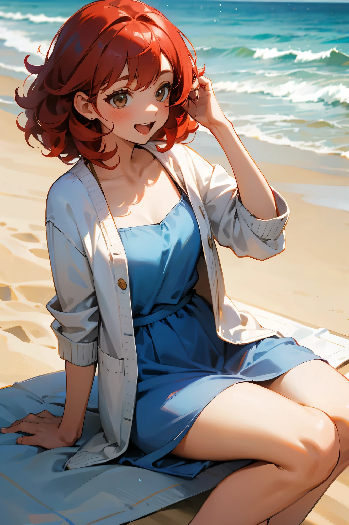 1female, Red Hair, Blue Sundress, Curly Hair, White Cardigan, Sandals, Hazel Eyes, Laughing, Slim, Guide, Adult Female, Beach, Sitting on the Sand