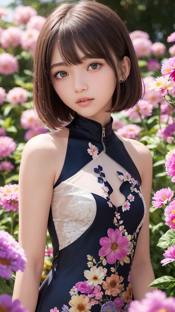 one girl, (a beauty girl, delicate girl:1.3), (:1.3),
break, (one-piece dress:1.3),
break, (flower garden, colorful flowers:1.3),
break, very fine eyes, (symmetrical eyes:1.3),
break, small breasts, brown eyes, parted bangs, brown hair, (upper teeth, best smile:0.2),
break, (eyes and faces with detailed:1.0),
break, (masterpiece, best quality, ultra detailed, detailed face, 8k),