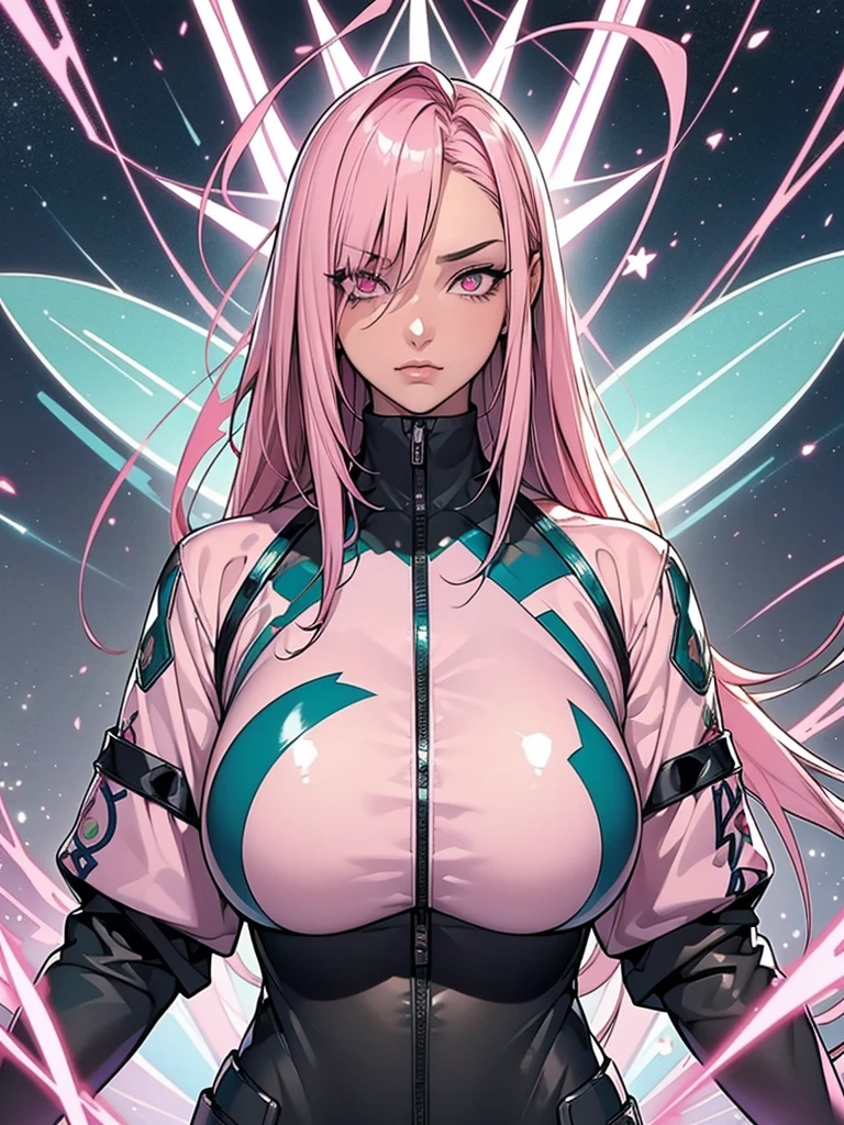 ((masterpiece))) whole body, whole body Shot (One Girl) ((Pink Hair, Long Hair, Straight hair, Both sides up))), ((Green Eyes))), eye shadow, eyeliner, Glow Eye, Hyper Detail Eye, Complex eyes, Beautiful Eyes, Detailed eyes, (((Star-shaped pupils, Shining pink eyes))) 18-year-old girl. (Wearing a transparent PVC jacket)) huge cool weapon mechanical in hand, huge cool weapon mechanical, Mecha, Mechaanism, mechanical, Open Stance, Coalesce