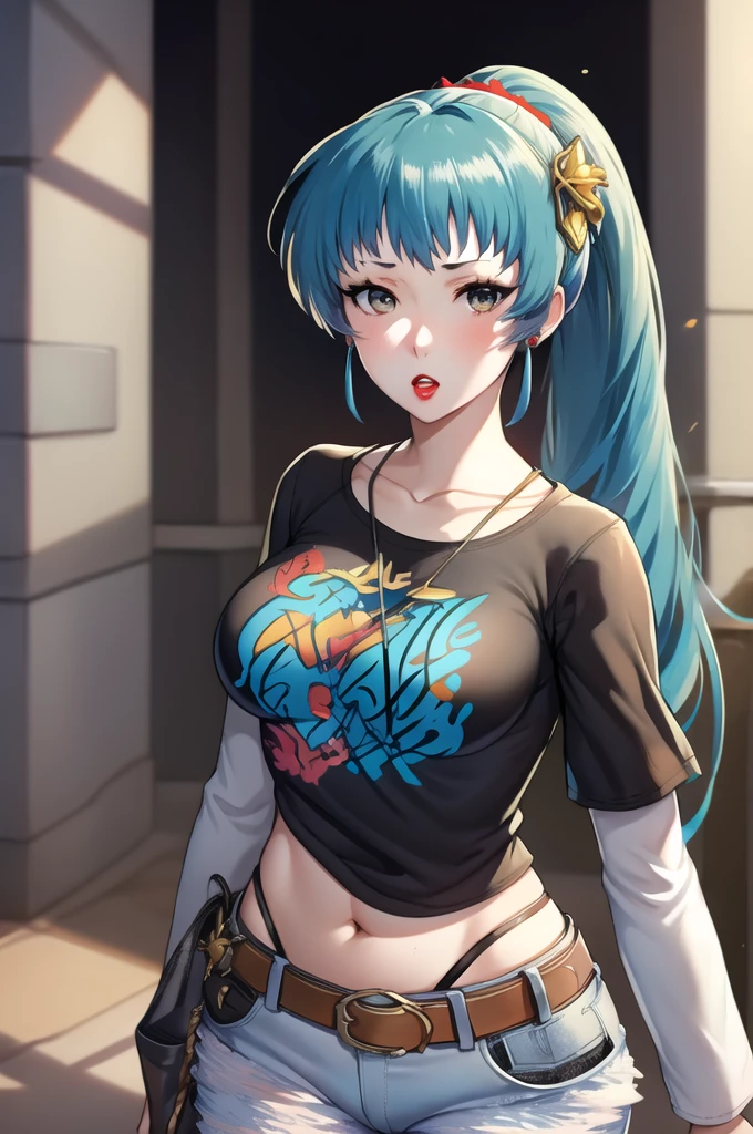 Def_eirika,hair ornament,earrings ,ponytail, 1girl, solo, standing, black t-shirt, white shirt, blue jeans, belt, lipstick, large breasts, layered sleeves