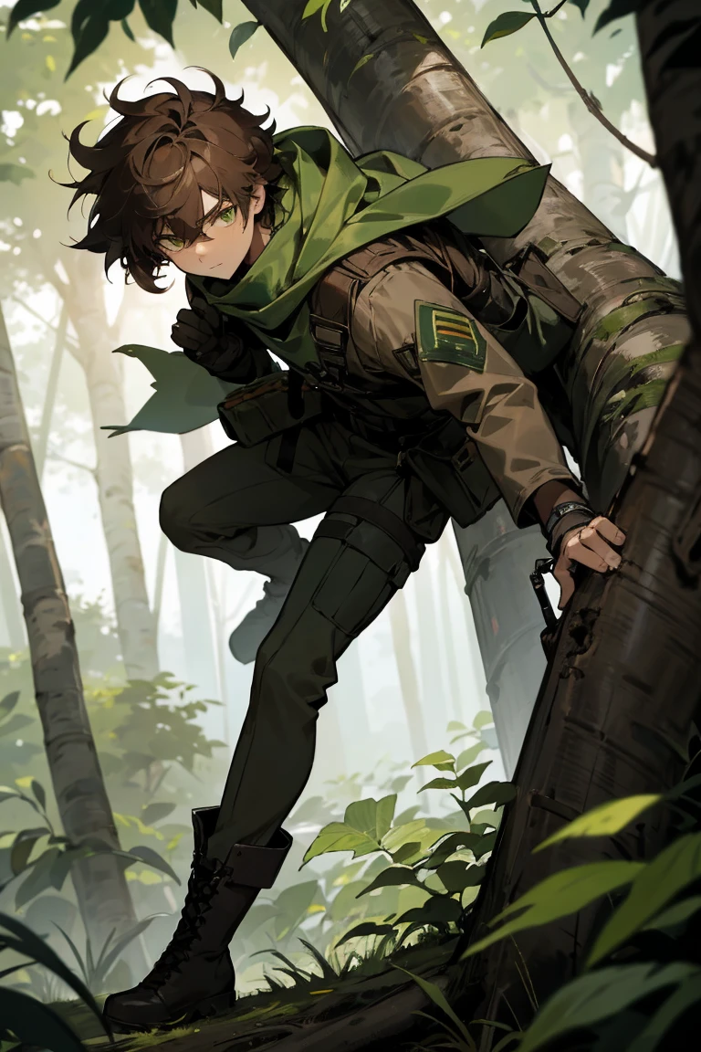 1male, Brown Hair, Black Tactical Gear, Messy Hair, Green Scarf, Combat Boots, Amber Eyes, Calm Expression, Tall, Scout, Adult Male, Jungle, Hiding in the Trees