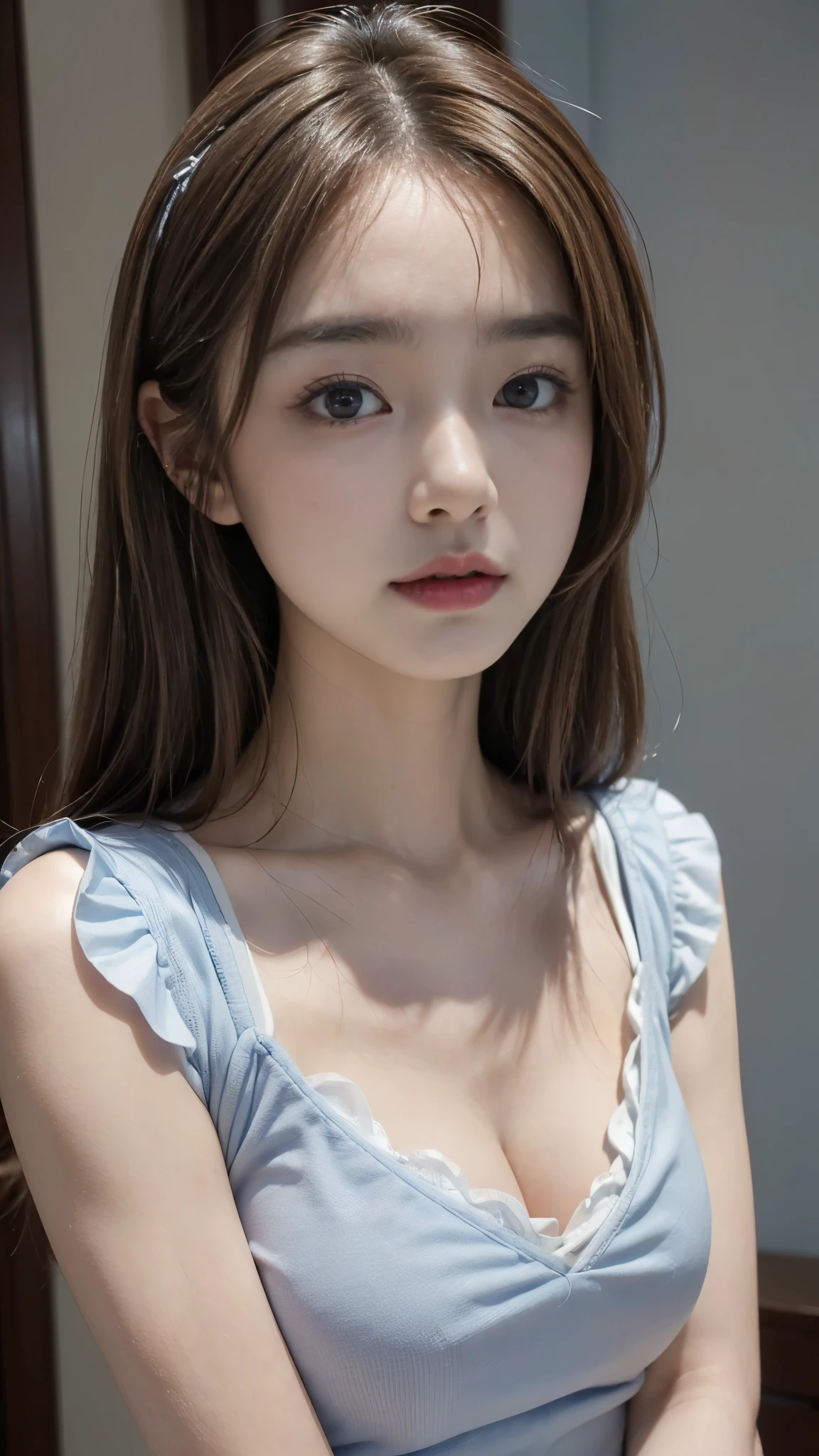 ((Sayaka Okada、Baby Face、beautiful girl))、Highest quality、Highest quality、Masterpiece、Ultra high definition、Realistic、Slender body line、Cute Face、Moisturizing lips、(Cute light blue outfit:1.3)、Cleavage、(Gaze at the viewer:1.2、Put on a wistful look:1.3)、(Smooth straight hair、Brown Hair:1.3)