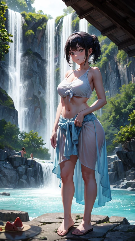 (masterpiece cinematic raw) green skin girl, purple wide eyes, very long braided, normal body (Clothes off), ((no bras) (no panty)), ((uncensored) (totally naked)(hairy pussy)), arms outstretched, front in waterfall, dripping, wet, grab all state-of-the-art photo --auto --s2