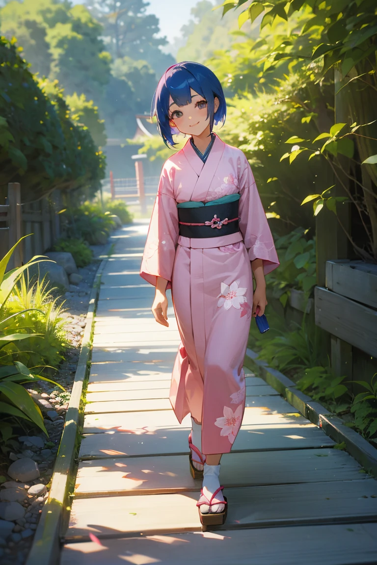1female, Blue Hair, Pink Kimono, Straight Hair, Wooden Sandals, Traditional Japanese Attire, Grey Eyes, Smiling, , Fisherman, Adult Female, Garden, Walking along a Path