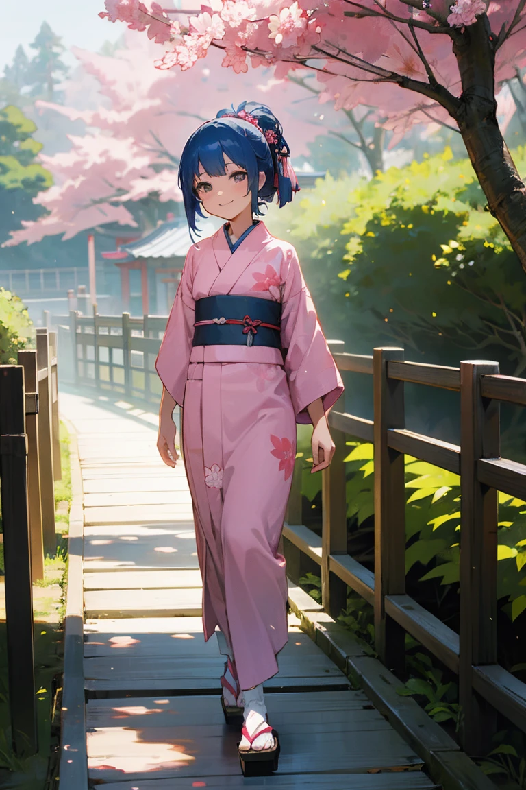 1female, Blue Hair, Pink Kimono, Straight Hair, Wooden Sandals, Traditional Japanese Attire, Grey Eyes, Smiling, , Fisherman, Adult Female, Garden, Walking along a Path