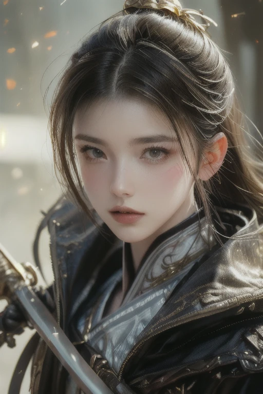 Ultra-high resolution, ((masterpiece))), (((best quality))), ((Very detailed)),  ((Extremely refined)),light, Detailed environment(real),
(1 boy, Solitary, Male focus:1.3), muscular, (Holding a sword:1.2)(dark red and light gold:1.3), (Hair combed back, Flowing hair:1.1),
Designed by greg manchess,smokes, model woman, Bright Eyes, Glossy lips, Futuristic golden face war paint, Popular on Art Station, photoreal,
Eight thousand, Acetate rendering，author：greg rutkowski,  Art work：carne griffiths 和 wadim kashin ,Similar to Dau-al-Set style, Pollock, Inspired by MAPPA and Zdzislaw Beksinski,
