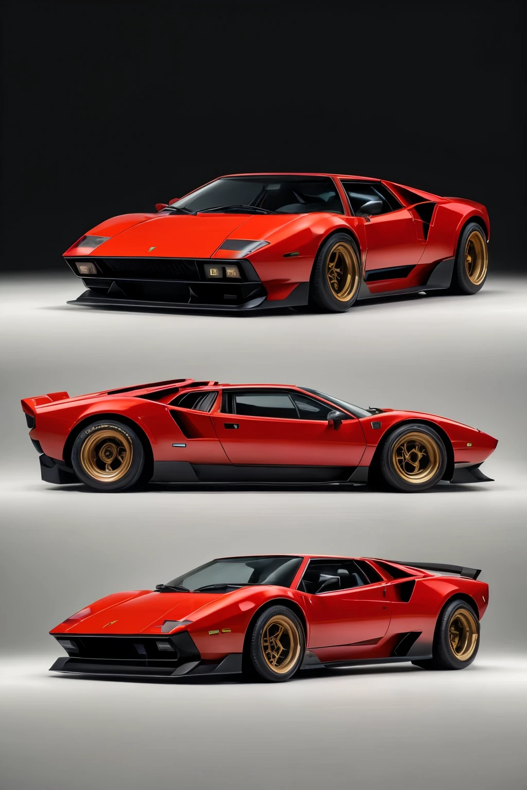 A stunning fusion of Lamborghini Countach and Ferrari Dino, this unique automobile captures the essence of 80s sports car design. The long, sleek silhouette of the Countach is coupled with the distinctive nose and rounded forms of the Dino, resulting in an exquisite blend of two iconic Italian sports cars. The bright red body, reminiscent of Ferrari's classic hue, is adorned with sharp, angular lines and large, round headlights, drawing inspiration from both cars. The luxurious interior boasts a combination of leather and carbon fiber, with a central dashboard that resembles the Dino's iconic design. Front view, selfie