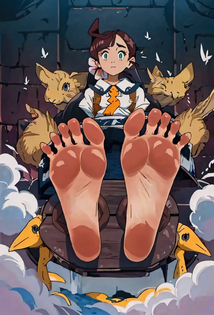 "(A masterpiece) with (high-quality) depicting a scene with a 1/10000 scale, showcasing a sole perspective. The focal point of the image is a seated girl with musty soles. foot toes, The atmosphere is cloudy, and there is a sense of front foreshortening. This artwork explores the concept of GTS (giantess) with a looming and rumbling presence."