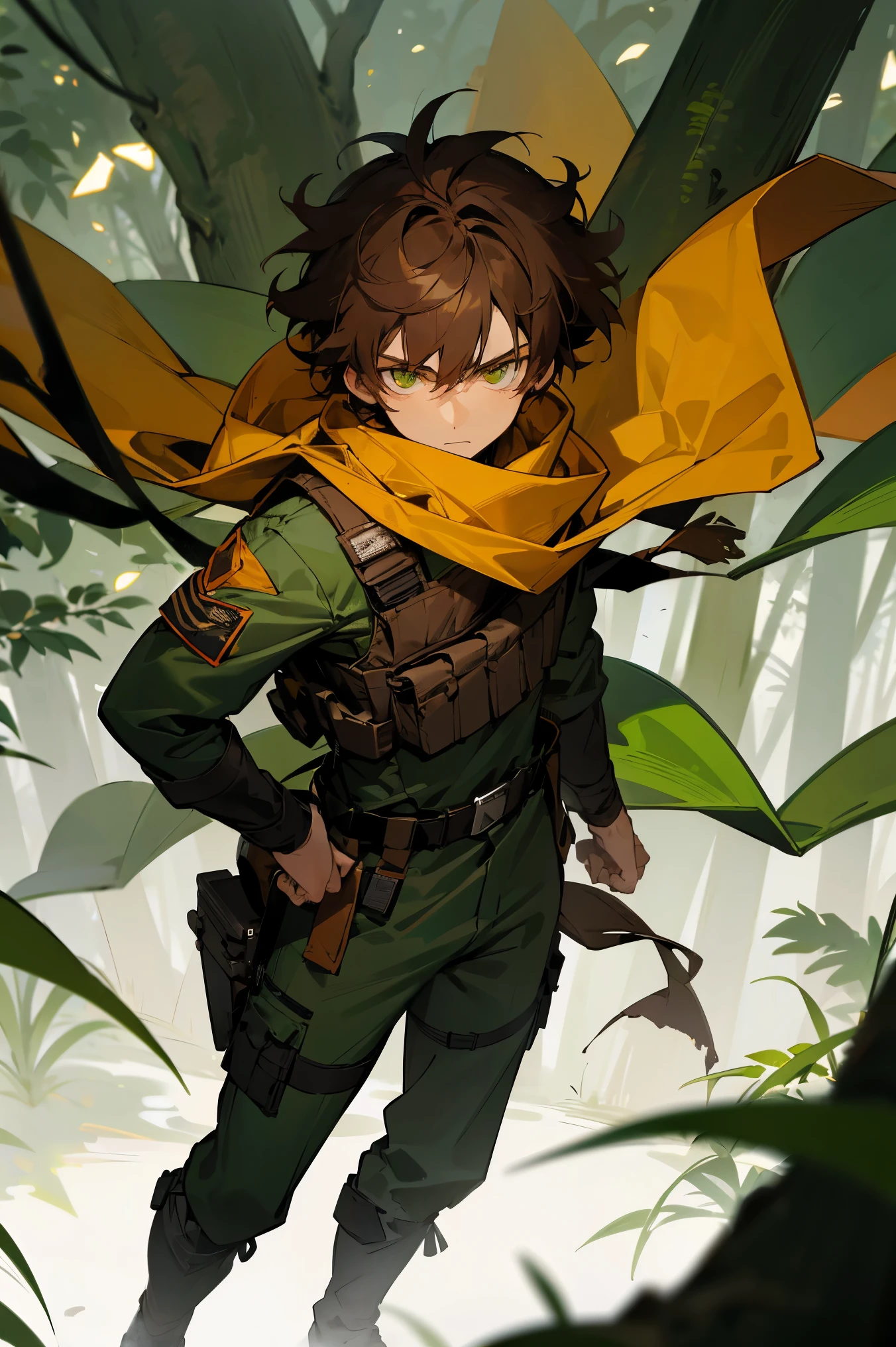 1male, Brown Hair, Black Tactical Gear, Messy Hair, Green Scarf, Combat Boots, Amber Eyes, Calm Expression, Tall, Scout, Adult Male, Jungle, Hiding in the Trees