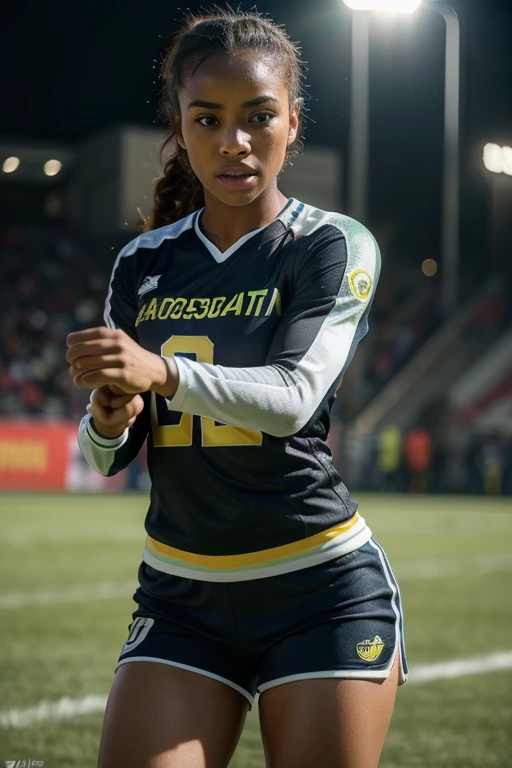 beautiful detailed eyes, beautiful detailed lips, extremely detailed eyes and face, longeyelashes, 1girl, football player, cameroun national team jersey, metisse girl, athletic, sports, dynamic pose, outdoor field, realistic, photorealistic, photo-realistic:1.37, (best quality,4k,8k,highres,masterpiece:1.2),ultra-detailed,(realistic,photorealistic,photo-realistic:1.37),studio lighting,ultra-fine painting,sharp focus,physically-based rendering,extreme detail description,professional,vivid colors,bokeh