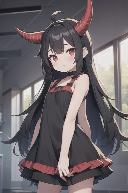 Young Girl,,Wearing a one-piece dress,Mini character,Red eyes,Black Hair,Long Hair,Dark atmosphere,Deformed character,Horns growing,Ahoge,Pale skin,eyes are half closed,Troubled face,Shoulder sticking out,Sleeveless dress,Tight-fitting clothing
