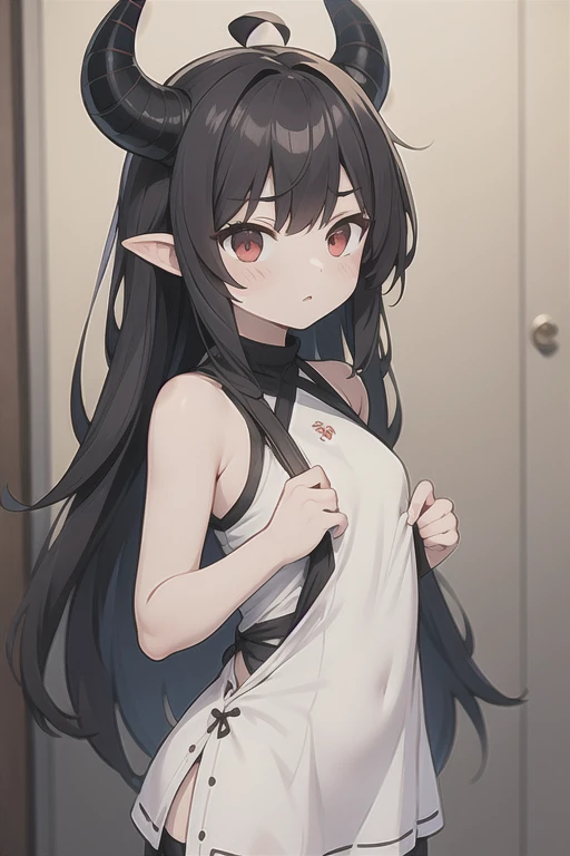 Young Girl,,Wearing a one-piece dress,Mini character,Red eyes,Black Hair,Long Hair,Dark atmosphere,Deformed character,Horns growing,Ahoge,Pale skin,eyes are half closed,Troubled face,Shoulder sticking out,Sleeveless dress,Tight-fitting clothing
