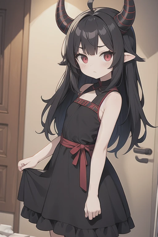 Young Girl,,Wearing a one-piece dress,Mini character,Red eyes,Black Hair,Long Hair,Dark atmosphere,Deformed character,Horns growing,Ahoge,Pale skin,eyes are half closed,Troubled face,Shoulder sticking out,Sleeveless dress,Tight-fitting clothing
