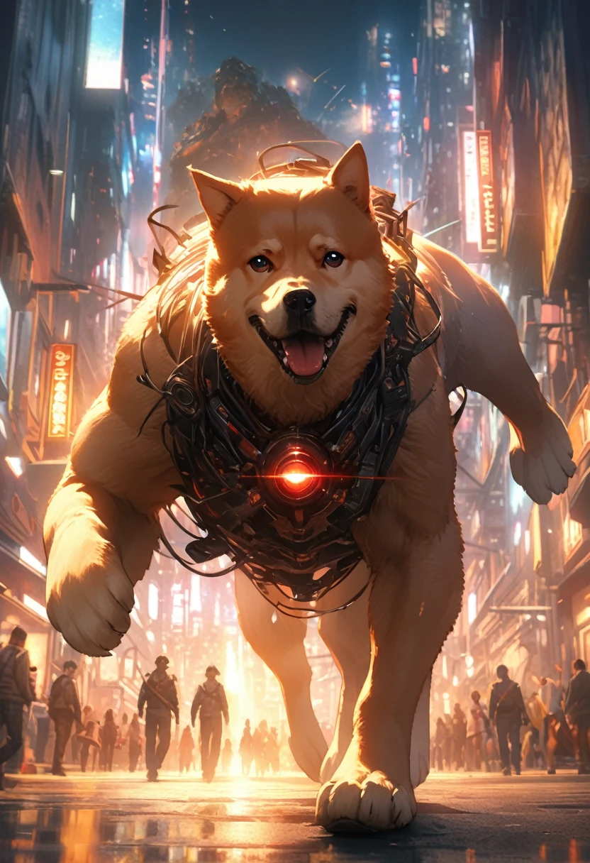 Realistic Dog、Shiba Inu、Realistic depiction、Eyes in soft focus、Bright colors、Looking out over a beautiful futuristic city from every angle、360 degrees、Panorama、Brave、special tasks、The alarm goes off、Rimlight transparent special effect、Full body portrait、OC Renderer、Octane Renderer、Ultra detailed futuristic city background、Attention to detail、4K、masterpiece.