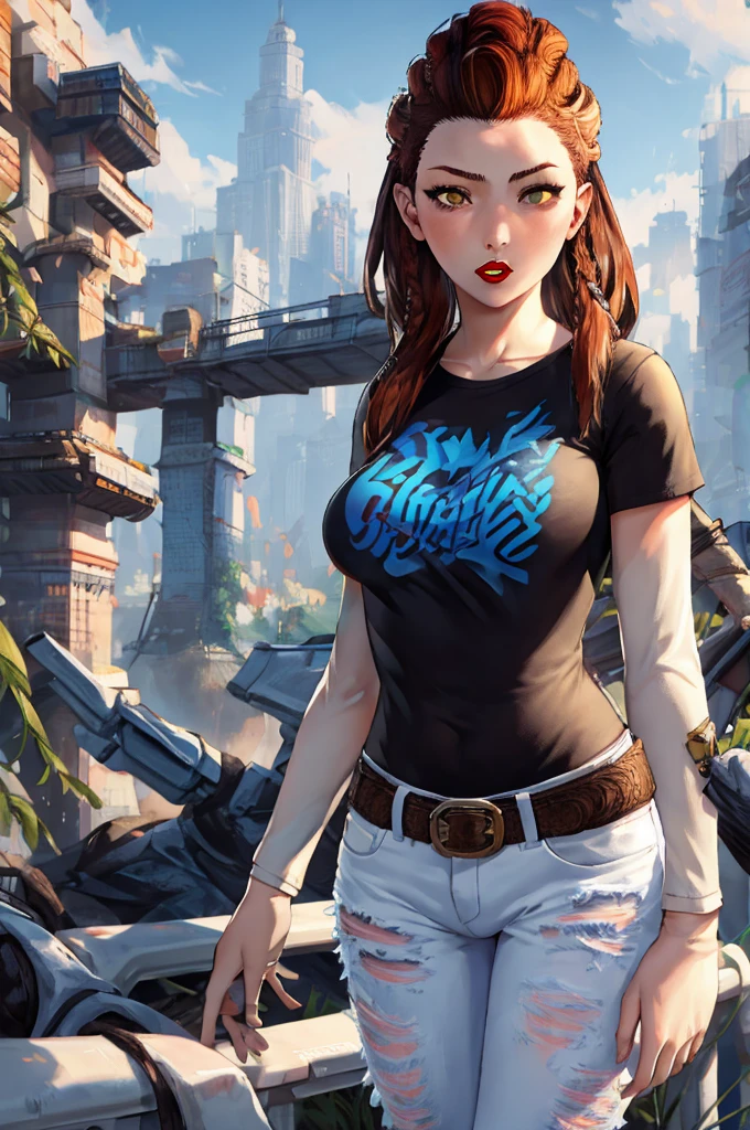 Aloy , 1girl, solo, standing, black t-shirt, white shirt, blue jeans, belt, lipstick, large breasts, layered sleeves, city background, 