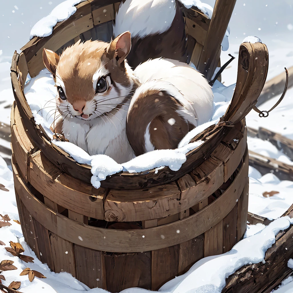 Johnny the squirrel shivering in his nest during a harsh winter. Snow is falling heavily outside, and Johnny looks regretful and hungry with no acorns left. Both Johnny and Sammy are squirrels."