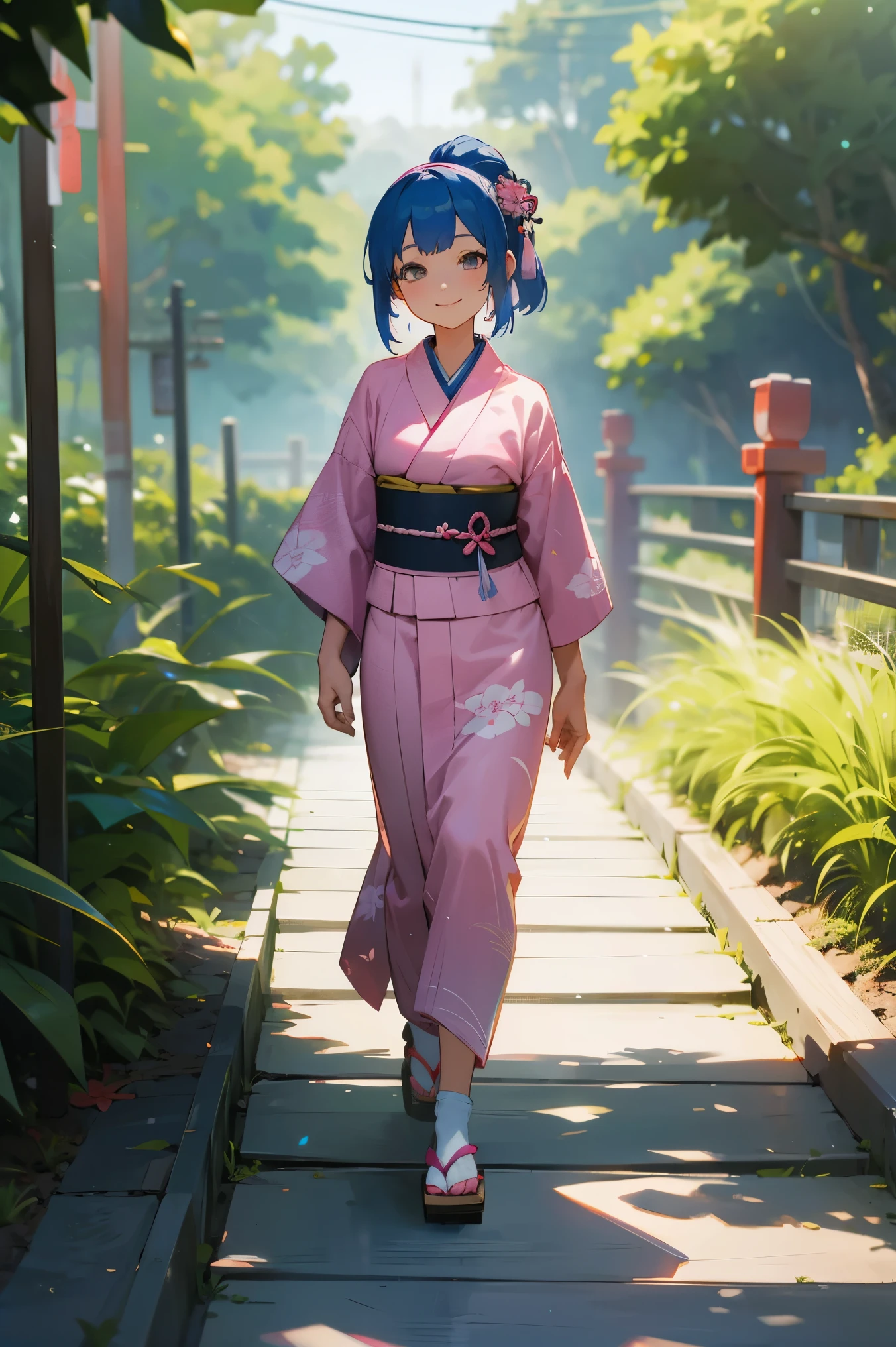 1female, Blue Hair, Pink Kimono, Straight Hair, Wooden Sandals, Traditional Japanese Attire, Grey Eyes, Smiling, , Fisherman, Adult Female, Garden, Walking along a Path