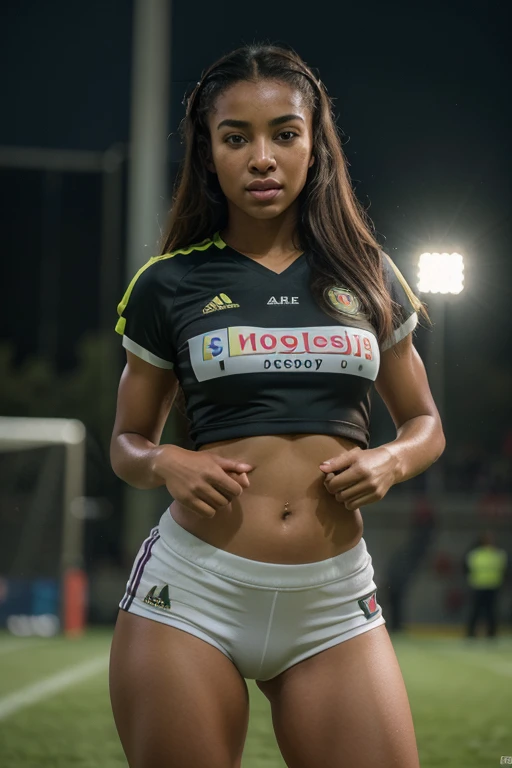 beautiful detailed eyes, beautiful detailed lips, extremely detailed eyes and face, longeyelashes, 1girl, football player, cameroun national team jersey, metisse girl, athletic, sports, dynamic pose, outdoor field, realistic, photorealistic, photo-realistic:1.37, (best quality,4k,8k,highres,masterpiece:1.2),ultra-detailed,(realistic,photorealistic,photo-realistic:1.37),studio lighting,ultra-fine painting,sharp focus,physically-based rendering,extreme detail description,professional,vivid colors,bokeh