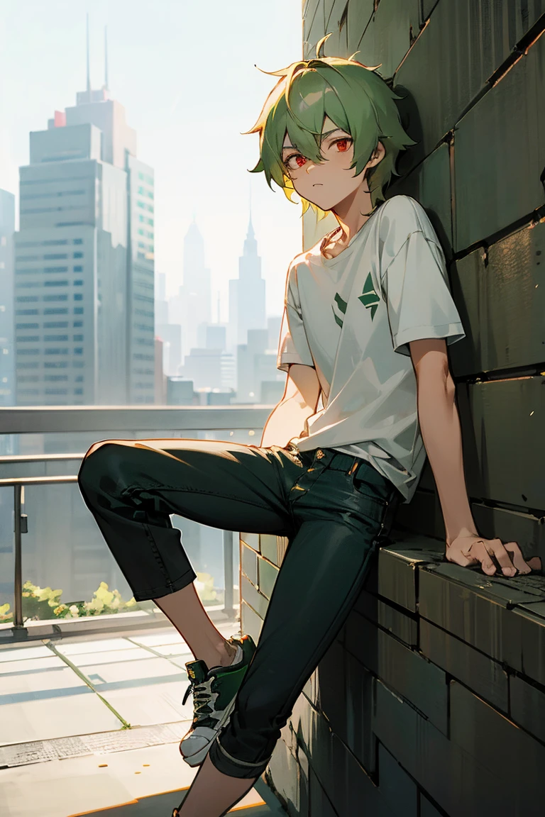 1male, Green Hair, White T-shirt, Shaggy Hair, Black Jeans, Sneakers, Red Eyes, Focused Expression, Average Build, Regular, Young Male, City, Leaning on a Wall