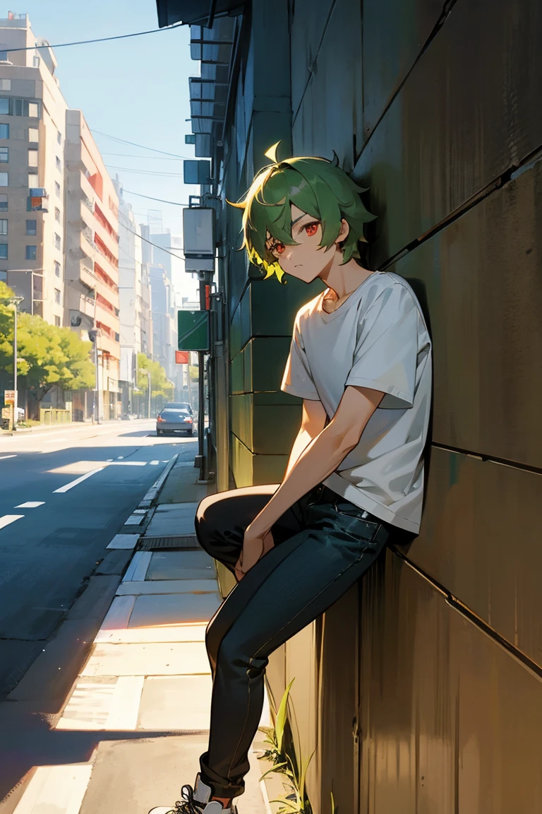 1male, Green Hair, White T-shirt, Shaggy Hair, Black Jeans, Sneakers, Red Eyes, Focused Expression, Average Build, Regular, Young Male, City, Leaning on a Wall