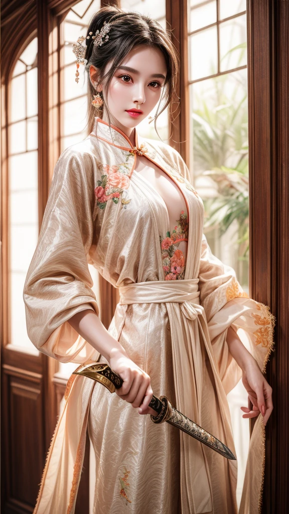 best quality, masterpiece, high resolution,A girl,Pretty Face,whole body,Chinese clothes,White Taoist robe,Right hand holding sword (Gorgeous decoration),peach,