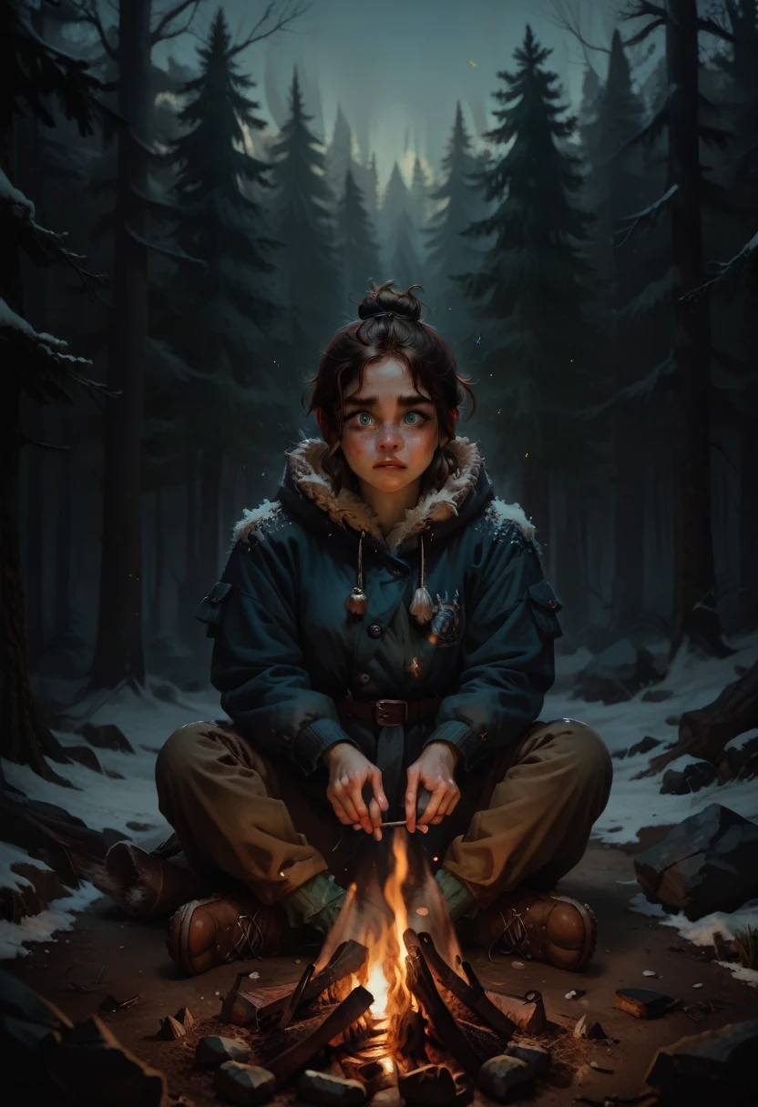 A girl with shoulder-length wavy brown hair, a short ponytail on the back of her head, and blue eyes, the girl has freckles. This girl is sitting by a campfire in a dark, frightening winter forest. The girl pets a Bernese Mountain dog. Together they are not afraid of anything.  The girl wears warm winter clothes and equipment.