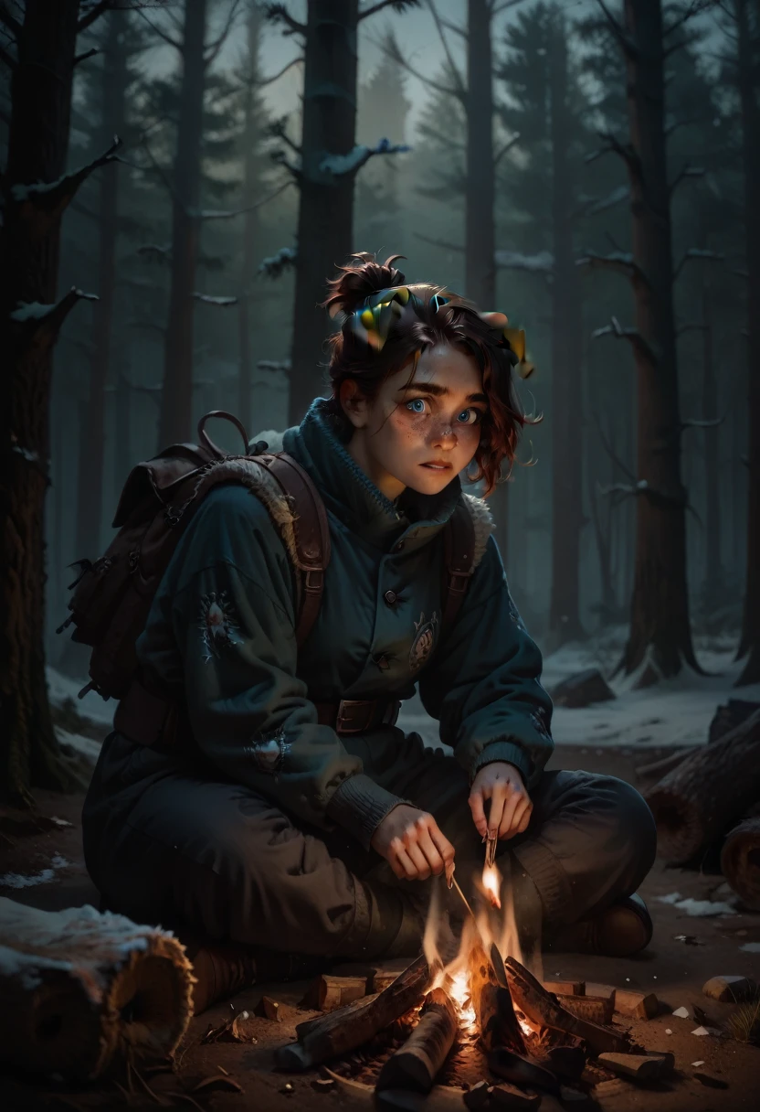 A girl with shoulder-length wavy brown hair, a short ponytail on the back of her head, and blue eyes, the girl has freckles. This girl is sitting by a campfire in a dark, frightening winter forest. The girl pets a Bernese Mountain dog. Together they are not afraid of anything.  The girl wears warm winter clothes and equipment.