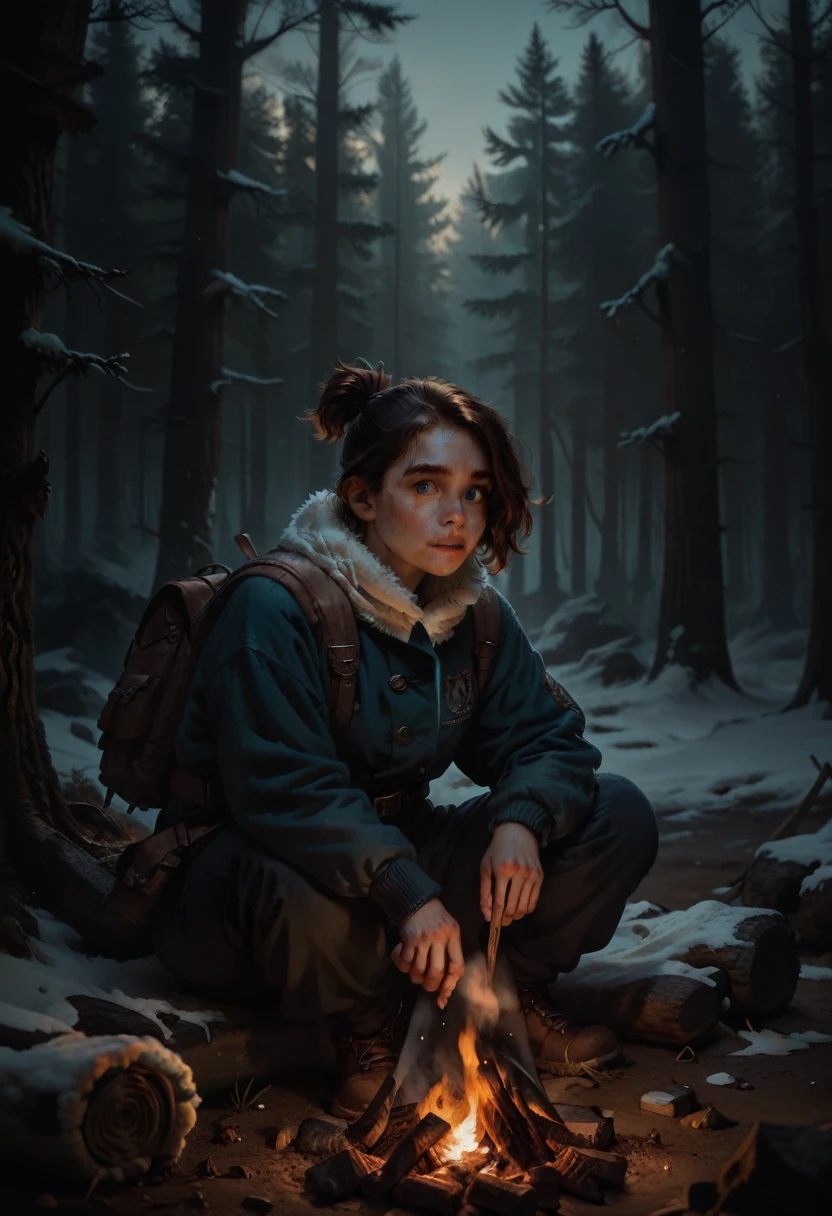 A girl with shoulder-length wavy brown hair, a short ponytail on the back of her head, and blue eyes, the girl has freckles. This girl is sitting by a campfire in a dark, frightening winter forest. The girl pets a Bernese Mountain dog. Together they are not afraid of anything.  The girl wears warm winter clothes and equipment.