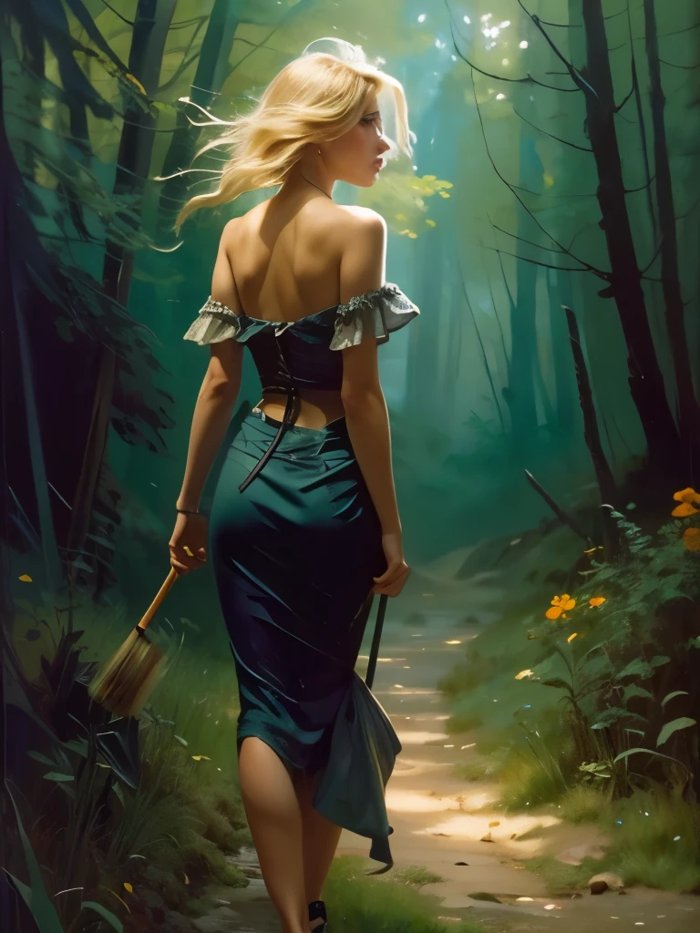 (masterpiece),(from back) cartoon, best quality,(photo_(medium):1.0), by Antonio J. Manzanedo, by Jeremy Lipking, lightning, in a surreal landscape, painting style with watercolor, (Brushstrokes:1.8),colorful,vibrant colors,1 ultra hot gorgeous European woman. Age 23. Blonde hair. Walking in a dark forest.