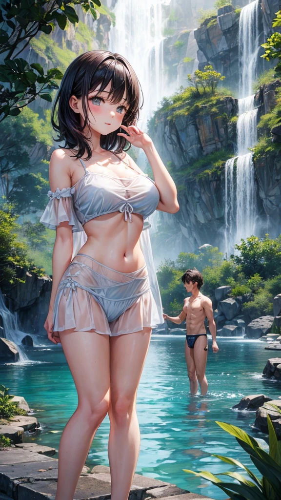 A couple is bathing under the waterfall. The couple is wearing short clothes. The girl is taking off her clothes and the girl has big hips. It is evening.