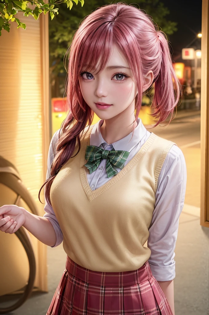 ph momo, momohd, phmomo, solo, 1girl,  pink hair, purple eyes, short hair, hair flower, sweater vest, ,(yellow sweater:1.2), big eyes, plaid skirt, black thighhighs, (masterpiece:1.6, best quality),  (finely detailed beautiful eyes: 1.2), ultra-detailed, illustration,beautiful detailed eyes, (yandere:1.4), (empty eyes),  backlighting, looking at viewer, blush, smile, (masterpiece, finely detailed beautiful eyes: 1.2), detailed eyes, hyper detailed,light smile, highly detailed, beautiful, small details, ultra detailed, best quality, intricate, hyperrealism, sharp, digital illustration, detailed, realism, intricate, 4k, 8k, trending on artstation, good anatomy, beautiful lighting, award-winning, photorealistic, realistic shadows, realistic lighting, beautiful lighting, raytracing, intricate details, moody, rule of thirds, masterpiece, (illustration:1.1), highres, (extremely detailed CG, unity, 8k wallpaper:1.1), beautiful face, highly detailed face, ultra realistic, masterpiece, bokeh, pink hair,extremely detailed, intricate, zoomout, colorful, vibrant colors, red nail polish, side view,standing,whole body,green skirt, plaid, plaid skirt, sainan high , , skirt, sweater vest,