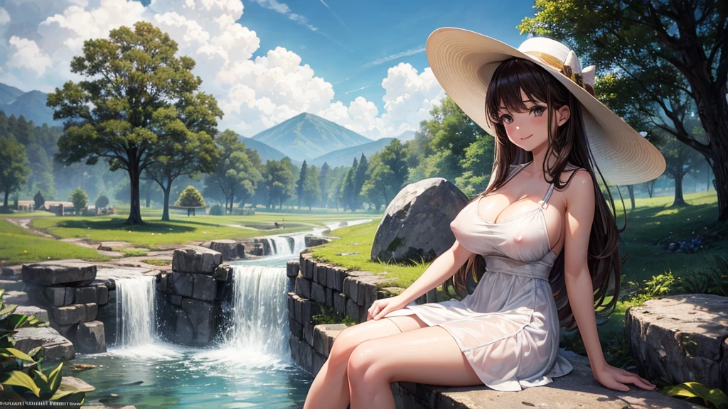 1girl, solo, rural landscape, village, trees, sun, water stream, clouds, fantasy, brown hair, , , white dress, ((short dress)), silver high heels, cleavage 1:3, elegant white hat, brown eyes, smile, looking at the viewer, sitting on a stone, golden necklate