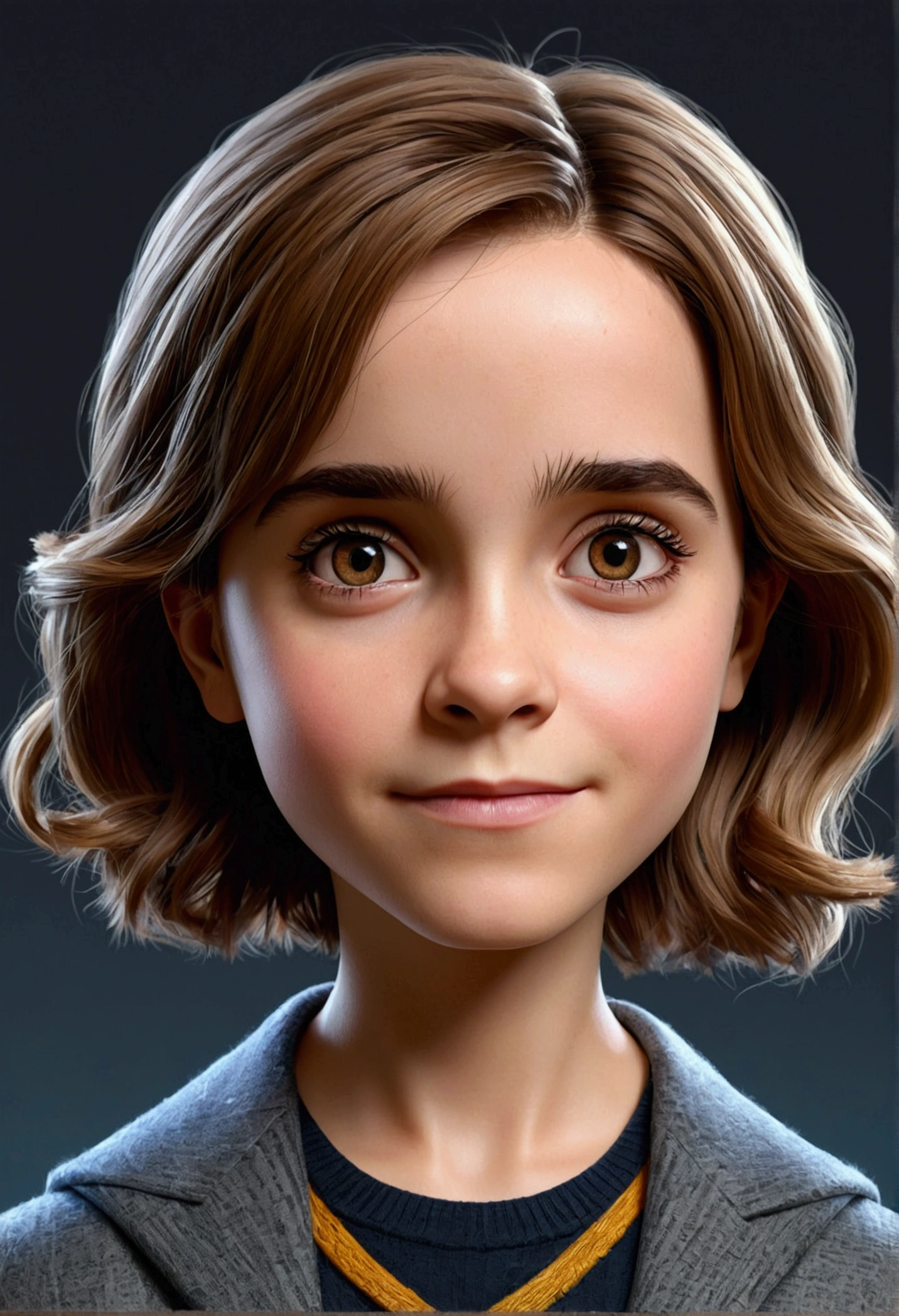 3D rendered image，Use cute Q version style，about , Draw characters from the novel Harry Potter and the female character Miraculous，Emma Watson in caricature，Draw the whole body, With a magical background。