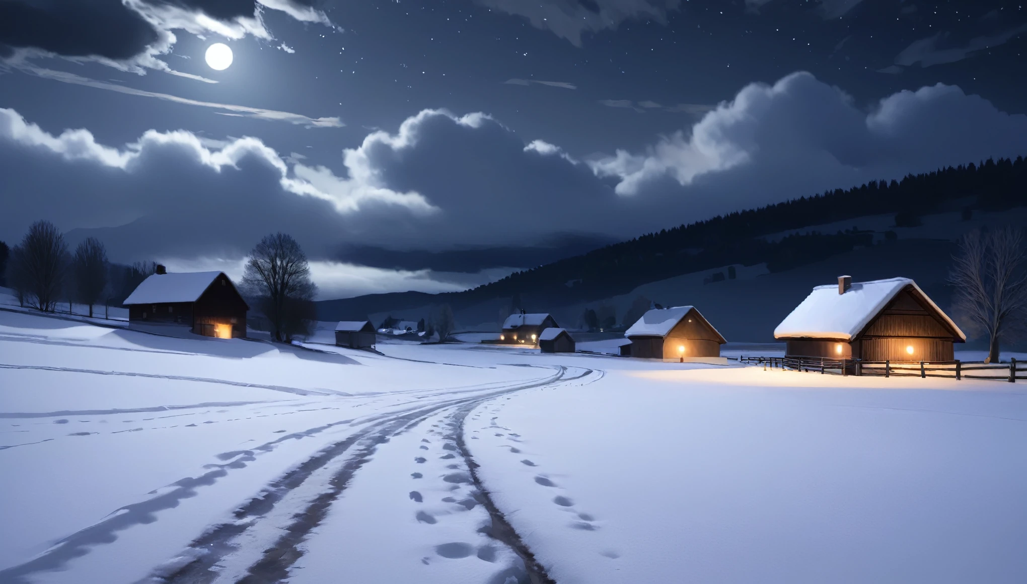 night,countryside,cloudy,Snow Scene,Highest quality, 8k, High resolution, masterpiece:1.2, Very detailed, Realistic:1.37, High resolution, 超High resolution, Very detailed, Professional, Vibrant colors