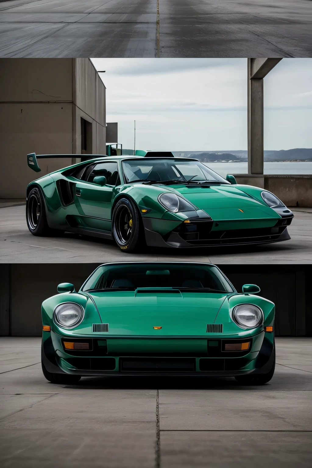 A masterpiece of automotive art, this fusion of the iconic Lamborghini Countach and the timeless Porsche 911 Carrera, showcases a harmonious blend of power and elegance. The front end, reminiscent of the Countach, boasts a massive, angular grille and arching headlights, while the sleek silhouette and rounded rear end are quintessentially 911. The vehicle's body, painted in a vibrant shade of emerald green, is polished to a mirror finish, reflecting the surrounding environment with exceptional clarity. The engine, visible through the rear engine cover, is a testament to the fusion's performance prowess,