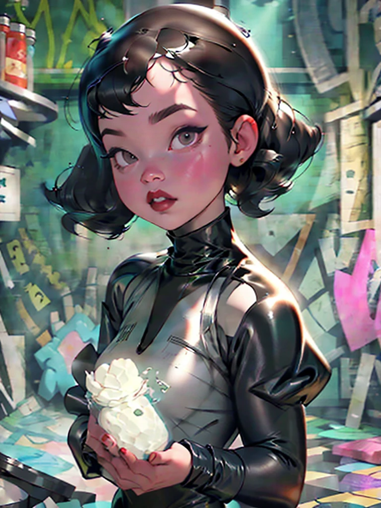 1 girl, short, short stature, short hair, pouty lips, black lipstick, latex nun outfit, sexy pose