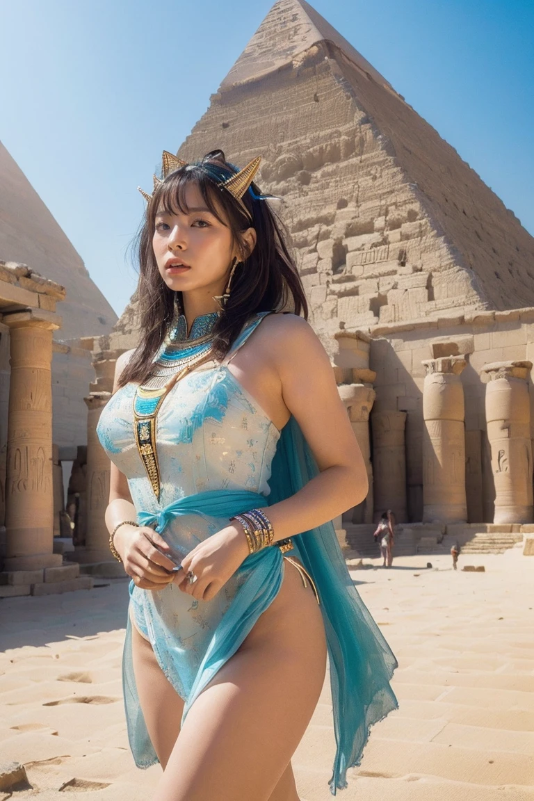 ((Highest quality、8k、masterpiece:1.3))、Photorealistic, Sharp focus, high resolution, High resolution, Portraiture, One person, woman, beautiful woman, sexy、Egyptian Goddess Walking in Ancient Egypt、Complex technology, Pyramids and ancient Egyptian cities far away、cyber-、Light and shadow、cyan light、