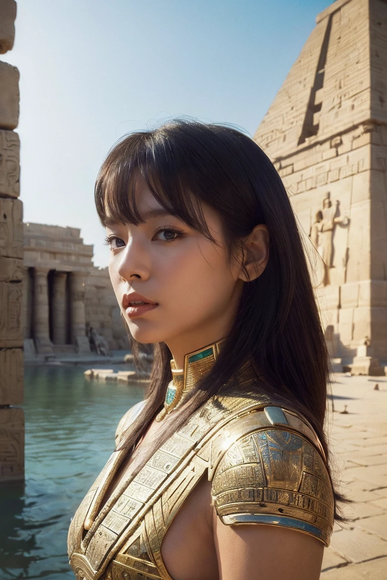 ((Highest quality、8k、masterpiece:1.3))、Photorealistic, Sharp focus, high resolution, High resolution, Portraiture, One person, woman, beautiful woman, sexy、Egyptian Goddess Walking in Ancient Egypt、Complex technology, Pyramids and ancient Egyptian cities far away、cyber-、Light and shadow、cyan light、