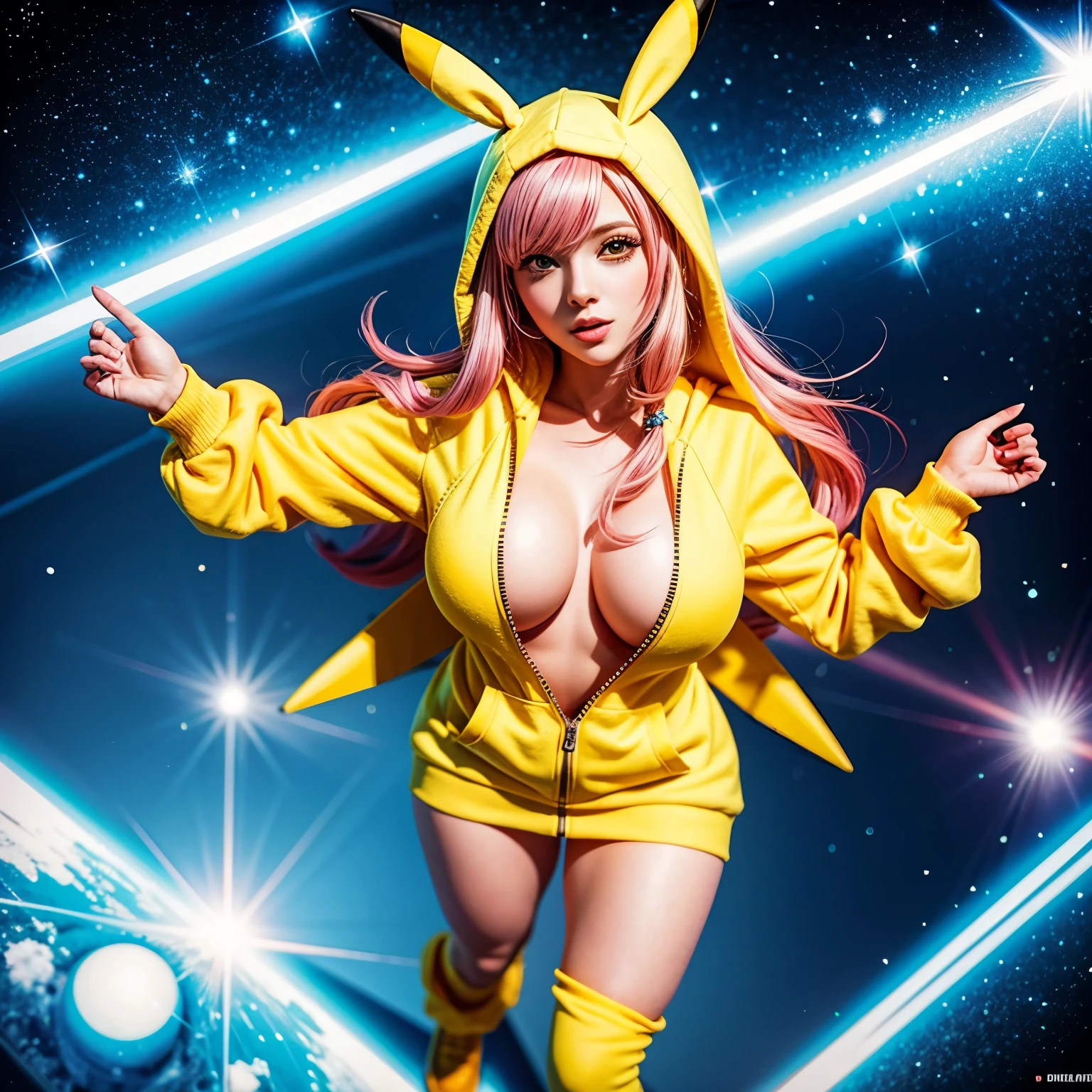 PUNIPUNI, a beautiful Pink hair gamer girl, beautiful detailed Blue eyes with (Sparkling Highlights:1.28), beautiful detailed lips,extremely detailed eyes and face,longeyelashes,in a (((Yellow Pikachu hoodie))) (Moe Sleeves:1.2), (Professional photo:1.37), Huge breasts (Overflowing Gigantic cleavage:1.28) close up down blouse, (perfect lighting) navel, Radiant PearlSkin with Transparency, Dynamic Joyful Expressions LifeLike Rendering, ((LyingFullBody from DirectlyAbove:1.2))