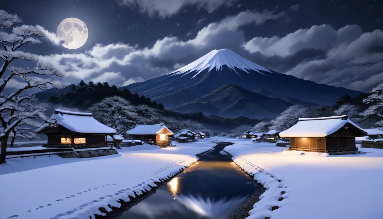 night,Japanese countryside,cloudy,Snow Scene,Highest quality, 8k, High resolution, masterpiece:1.2, Very detailed, Realistic:1.37, High resolution, 超High resolution, Very detailed, Professional, Vibrant colors