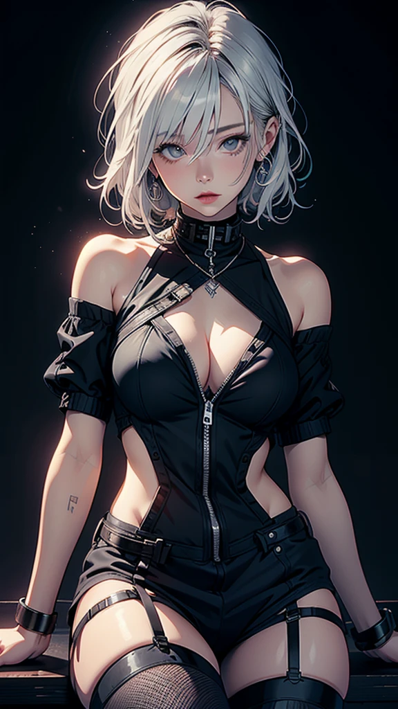 1girl, white hair, large breasts, seductive anime girl, perfect white-haired girl, short white-haired girl, beautiful anime girl, beautiful charming anime woman, attractive anime girl, stockings, sitting in a riding pose, barely covered chest, thighs compressed by stockings, (best quality,4k,8k,highres,masterpiece:1.2),ultra-detailed,(realistic,photorealistic,photo-realistic:1.37),anime drawing by Ross Tran, pixiv, art process, top rated on pixiv, clean detailed anime art, black background, moonlight