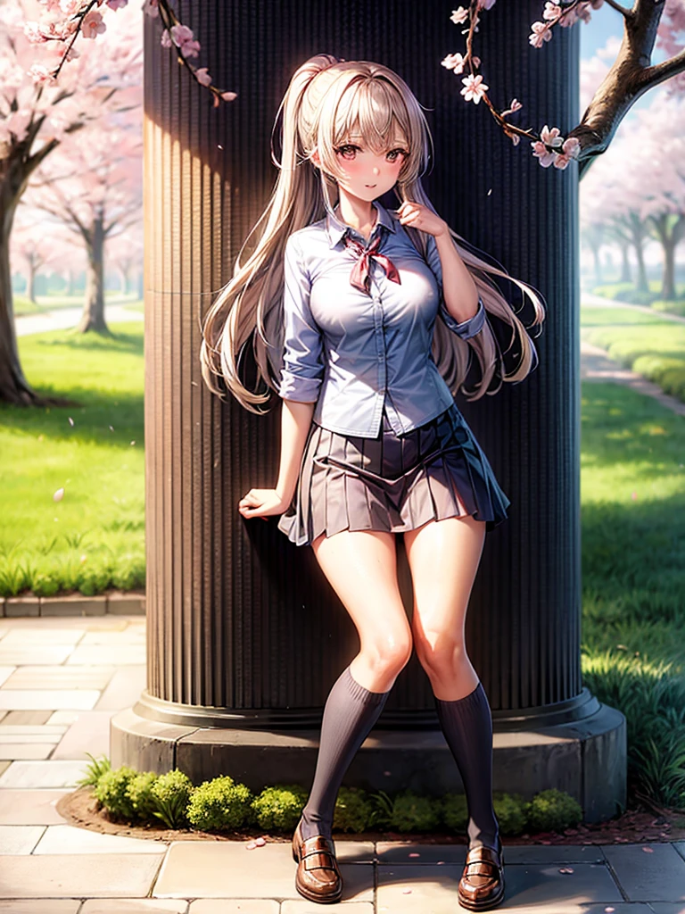 in full growth against the background of cherry blossoms, with a short skirt