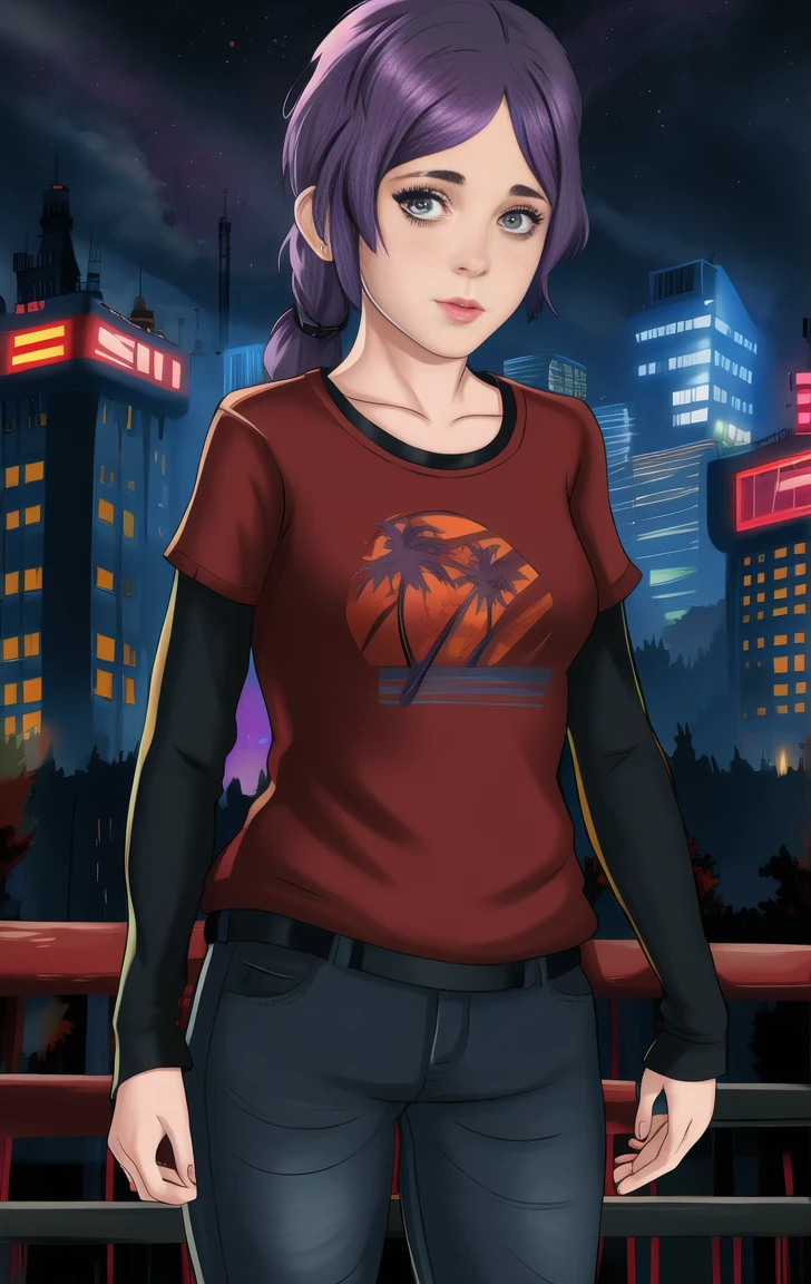 red shirt, long sleeves, standing, neon lights, night, looking at viewer, blue jeans, solo, bernadetta, purple hair, grey eyes, elliet1