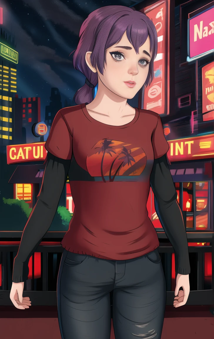 red shirt, long sleeves, standing, neon lights, night, looking at viewer, blue jeans, solo, bernadetta, purple hair, grey eyes, elliet1