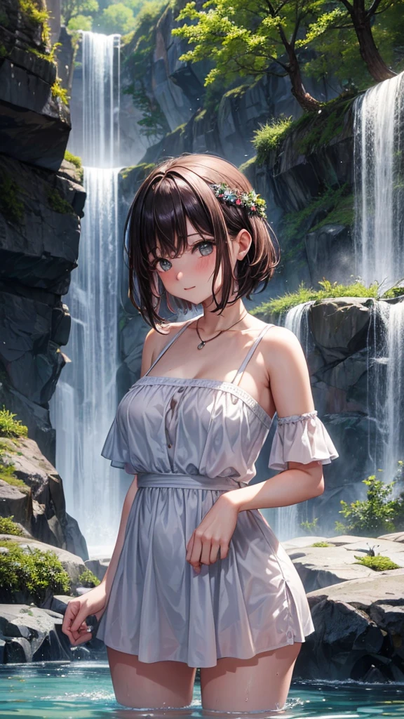 A couple is bathing and romancing under the waterfall. The couple is wearing short clothes and the girl has big hips. It is evening.
