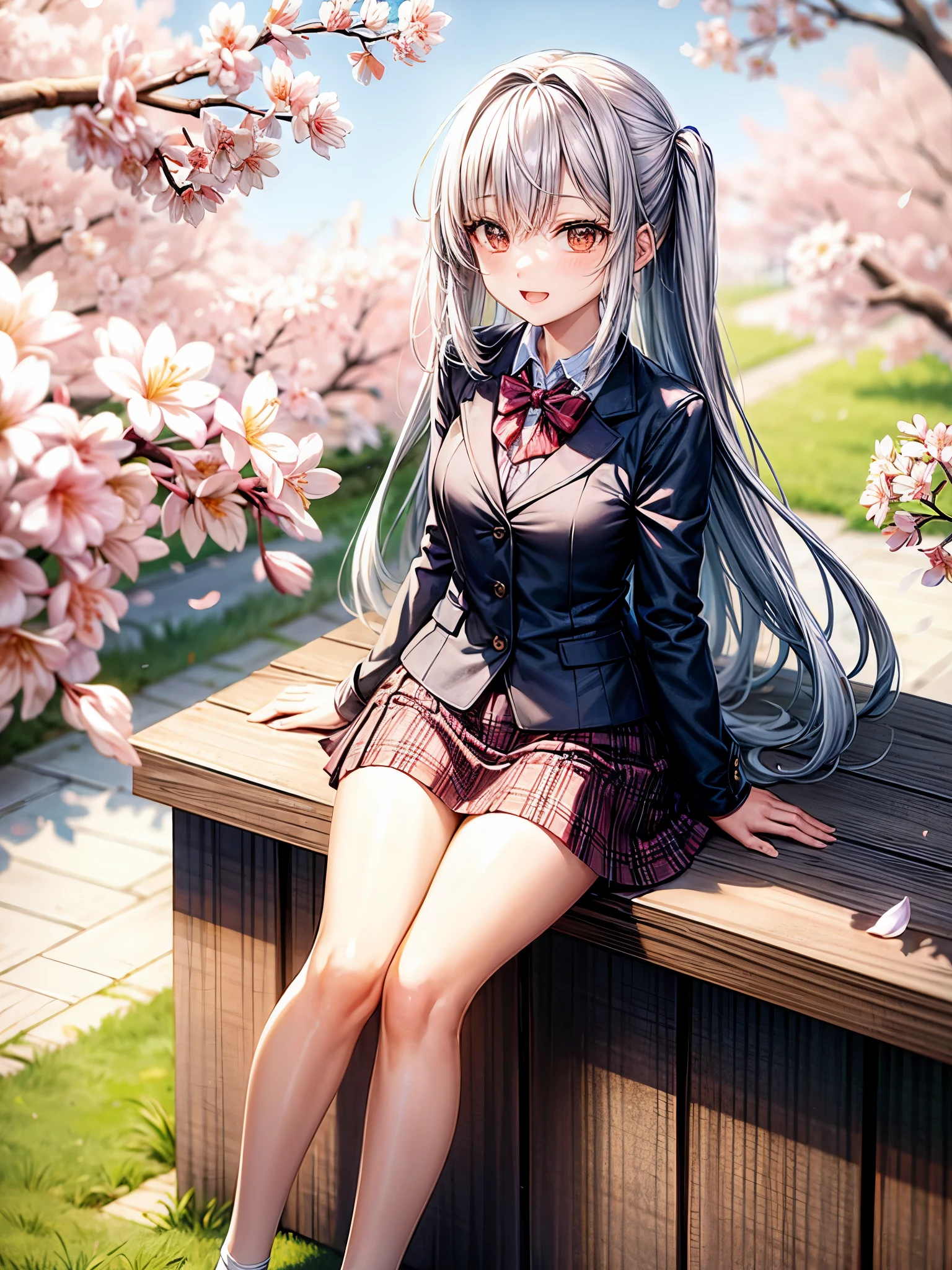 in full growth against the background of cherry blossoms, with a short skirt