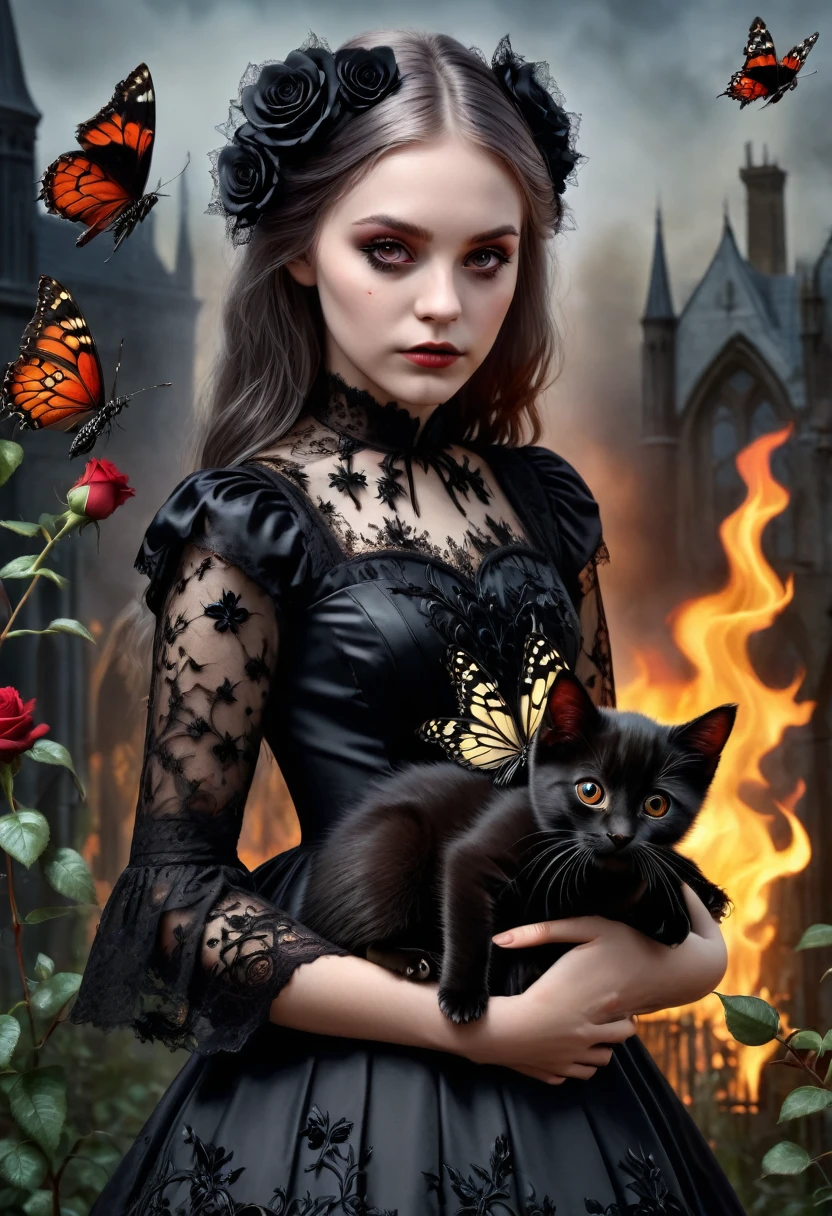(best quality,4k,8k,highres,masterpiece:1.2),ultra-detailed,(realistic,photorealistic,photo-realistic:1.37),gothic art,girl,lace dress,thorny rose,creepy,terrifying,burning butterfly,holding a black kitten 