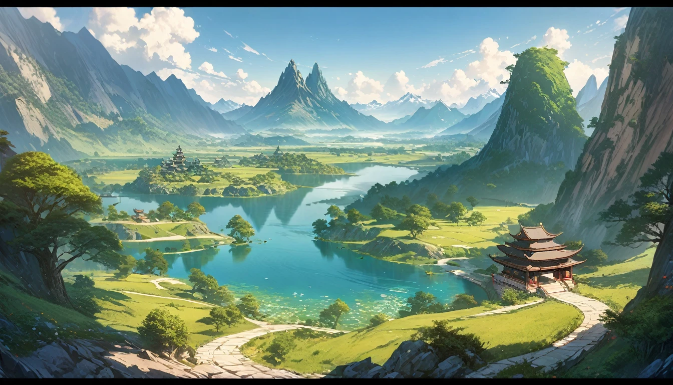 Anime Landscape：a lake between mountains，There is a pagoda in the middle, Matte inspired by Andreas Rocha, Popular on artstation, Fantasy Art, Anime Landscape, Anime Landscape wallpaper, Andreas Rocha style, Detailed scenery —width 672, Ross Chen. Landscape background, 8k high quality detailed art, 4k highly detailed digital art, Japanese art style