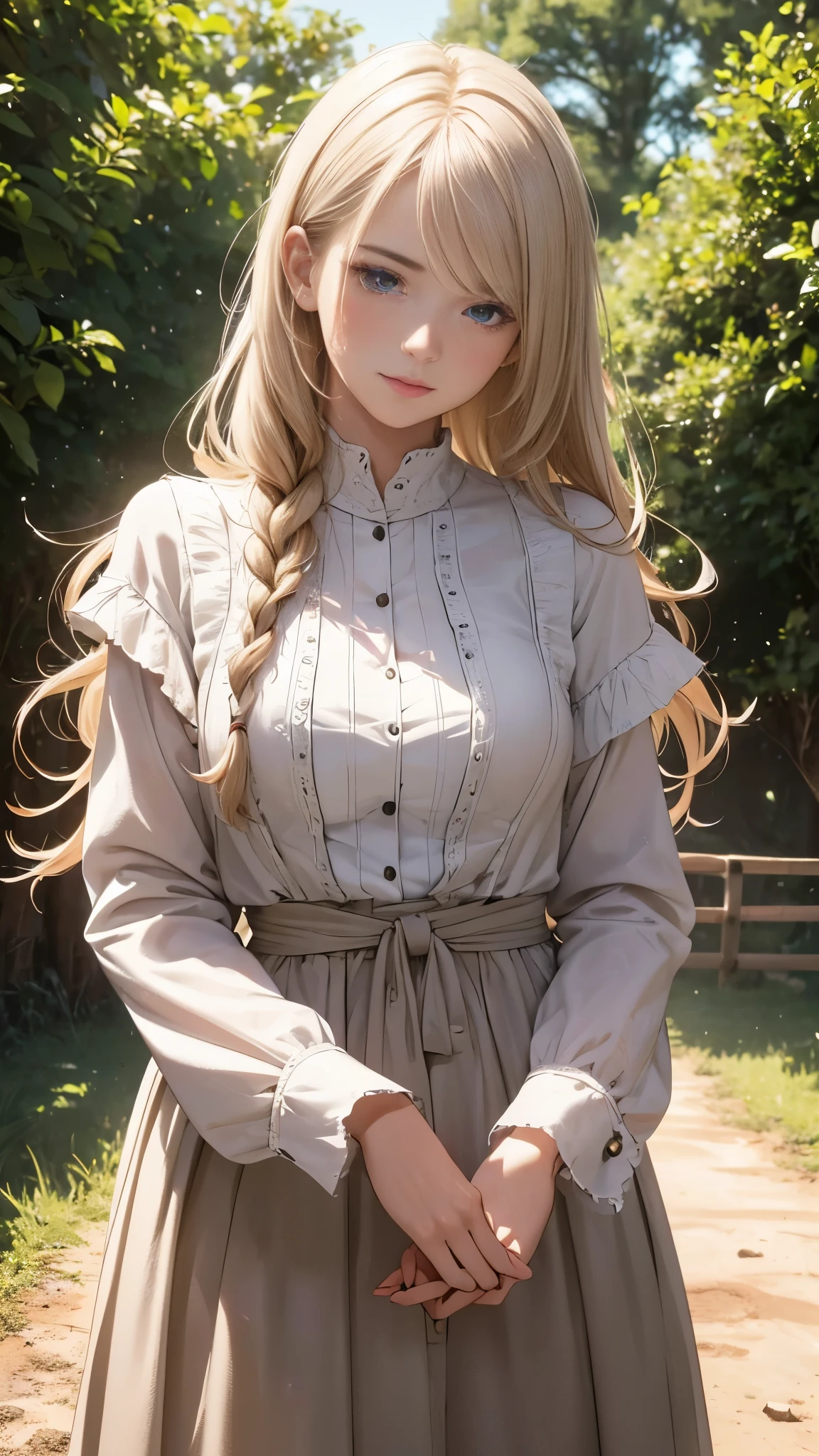 (nsfw), (max resolution: 1.2), (Ultra HDTV: 1.2), cinematric light, 8K resolution, Detailed eyes and skin, detailed facial features, (Sharp Focus: 1.2), (Focus on Face:1.2), Perfect Style, Beautiful face, acurate, Anatomically correct, Highly detailed face and skin texture, Detailed eyes, Braided hair, Thin eyebrows, Natural lips, Lost in thought, A 20-year-old girl, Tall and attractive, Wearing a cute country dress, Standing on a rural farm. She's gentle, A kind smile and expressive eyes, framed by